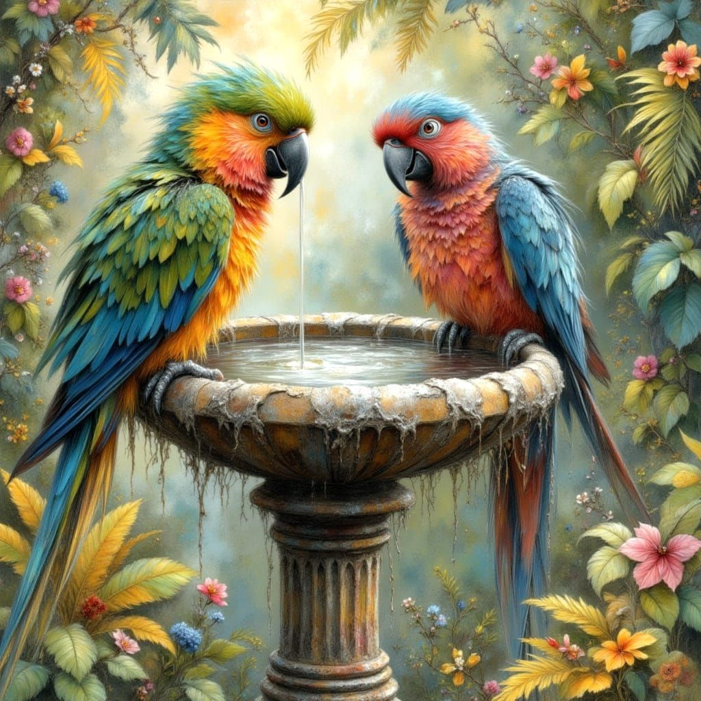 Parrot and Dog in Garden Collage with Pastel Colors