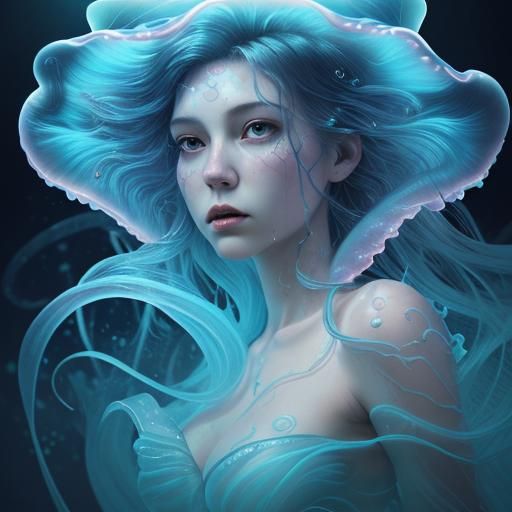 Mystical Jellyfish Woman in Deep Sea: Hyperrealistic Art