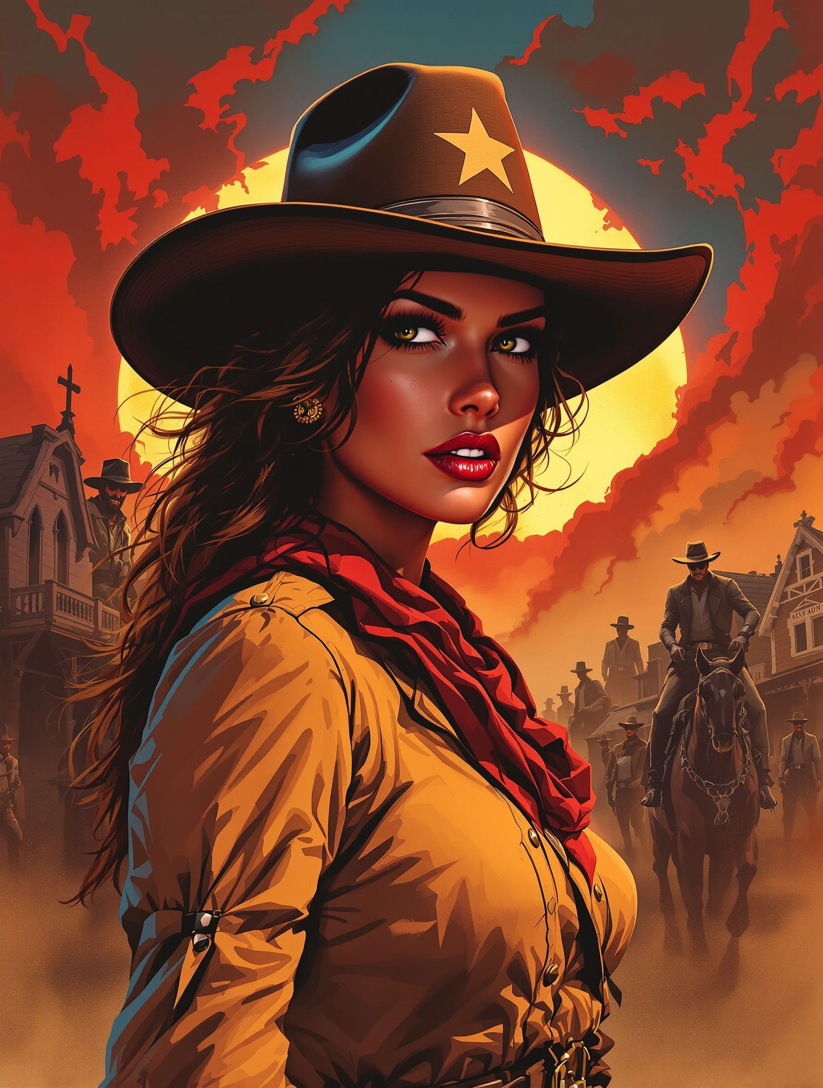 Woman Sheriff Faces Outlaws in Comic Book Western Poster
