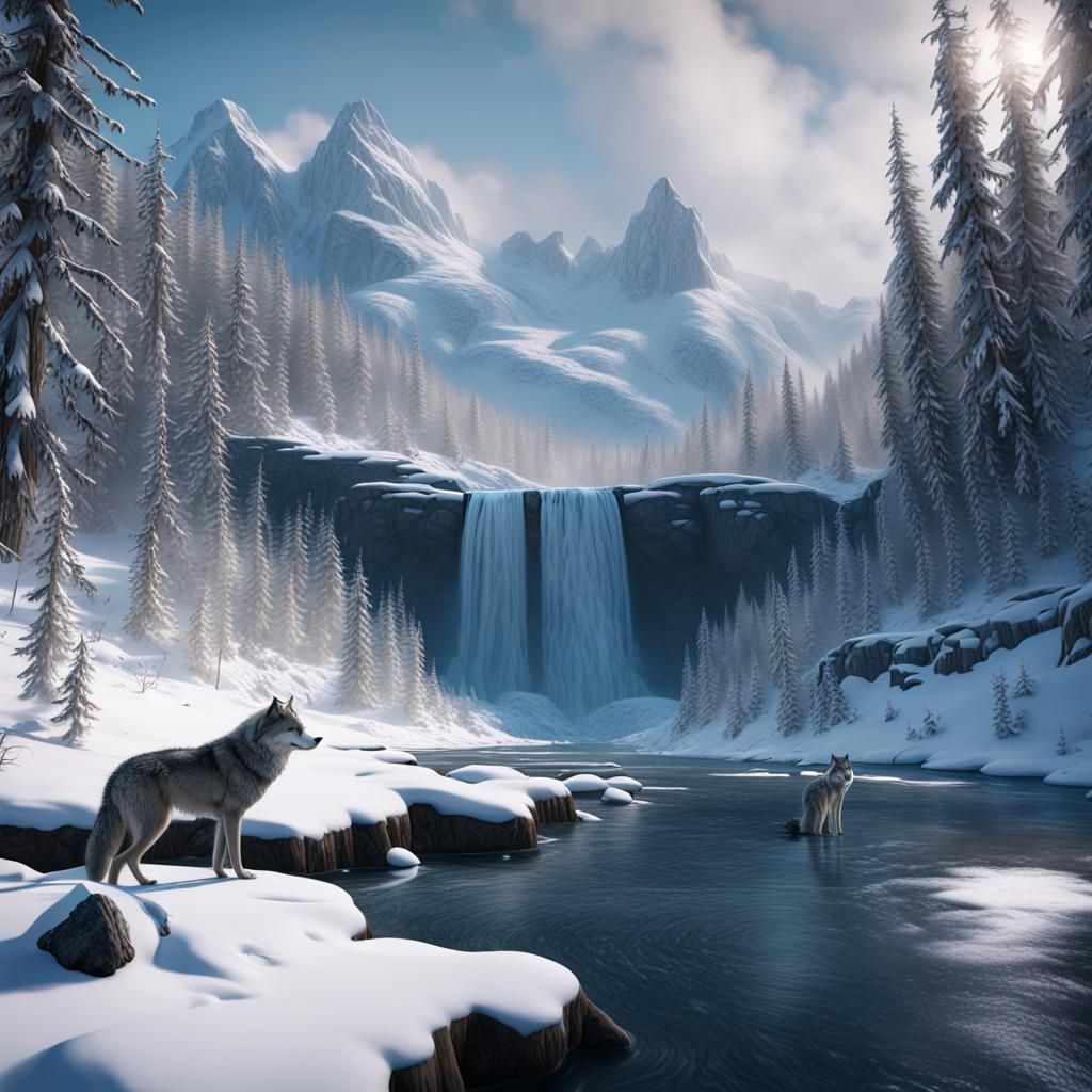 Alaskan Winter River with Waterfall and Wolves
