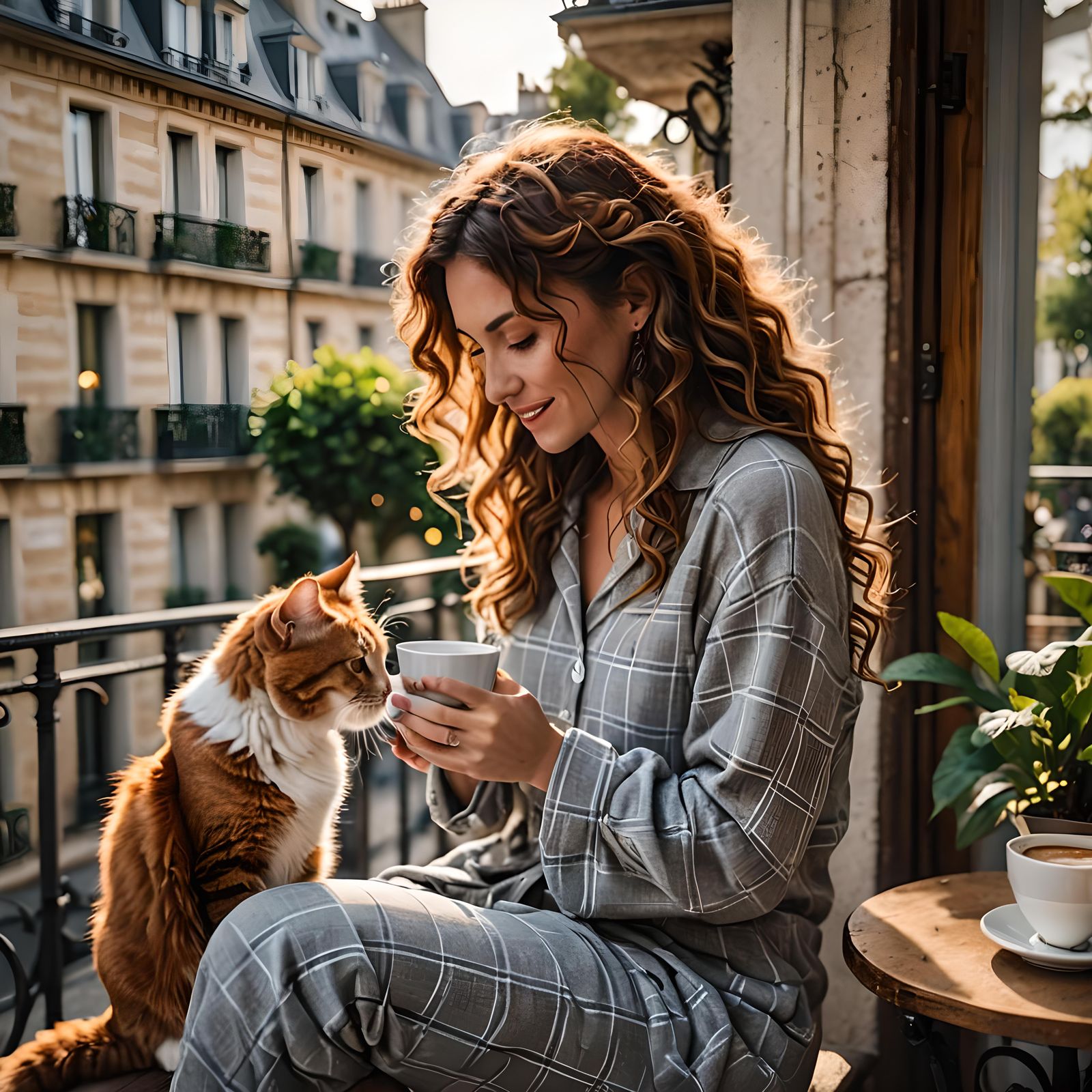 French Woman and Cat Enjoy Coffee on Balcony