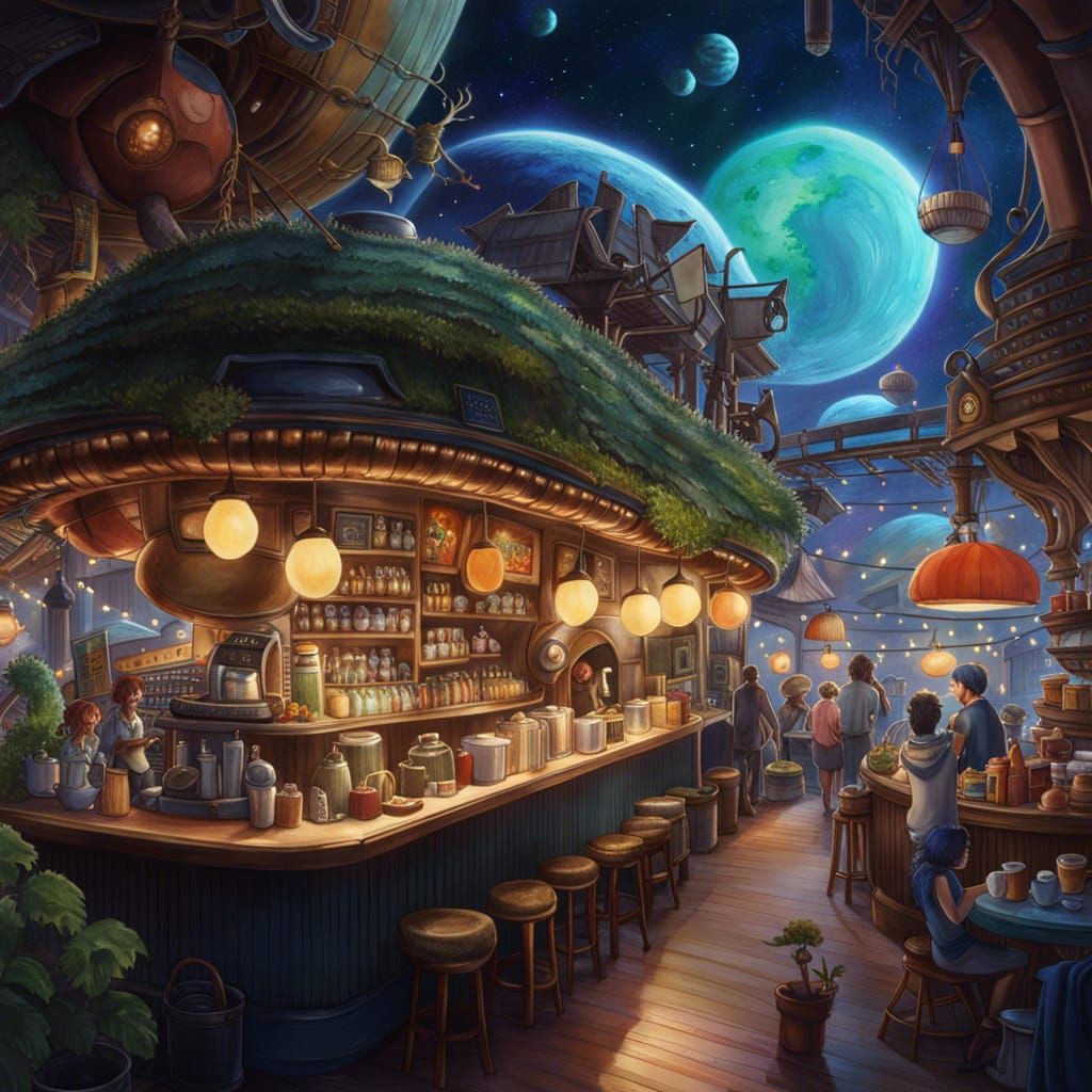 Alien Coffee Shop in Space: Studio Ghibli Watercolor