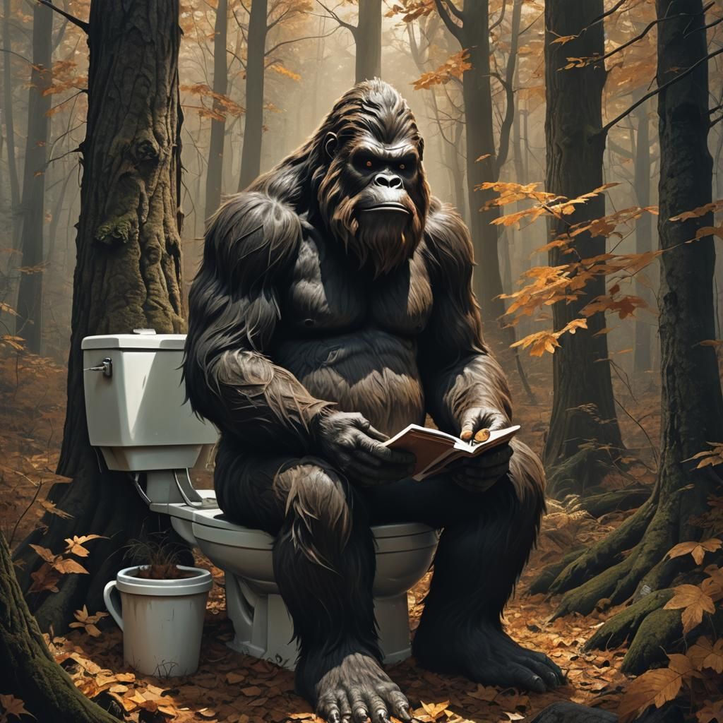 Bigfoot on Toilet in Autumn Woods: Dark Fantasy