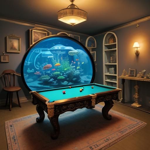 Whimsical Dollhouse Interior with Miniature Car and Aquarium