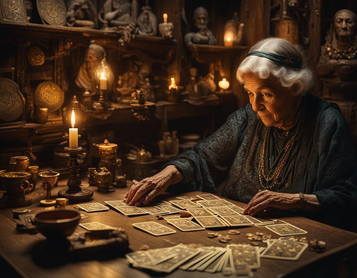 Mystical Fortune Teller in a Dimly Lit Shop