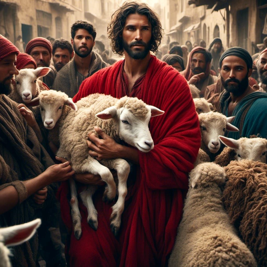 Jesus Holding Lamb in Judea, Realistic Portrait