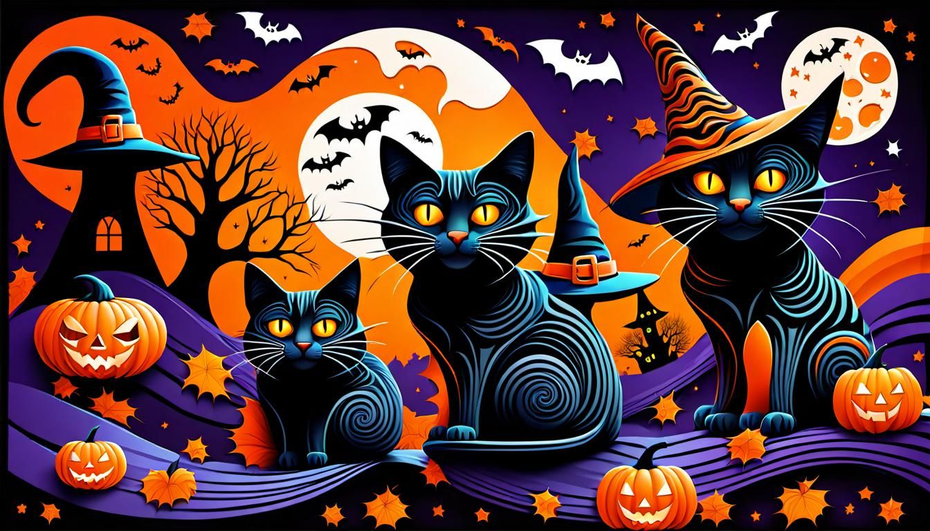 Tabby Cats Donning Witch Hats: Halloween Vector Art