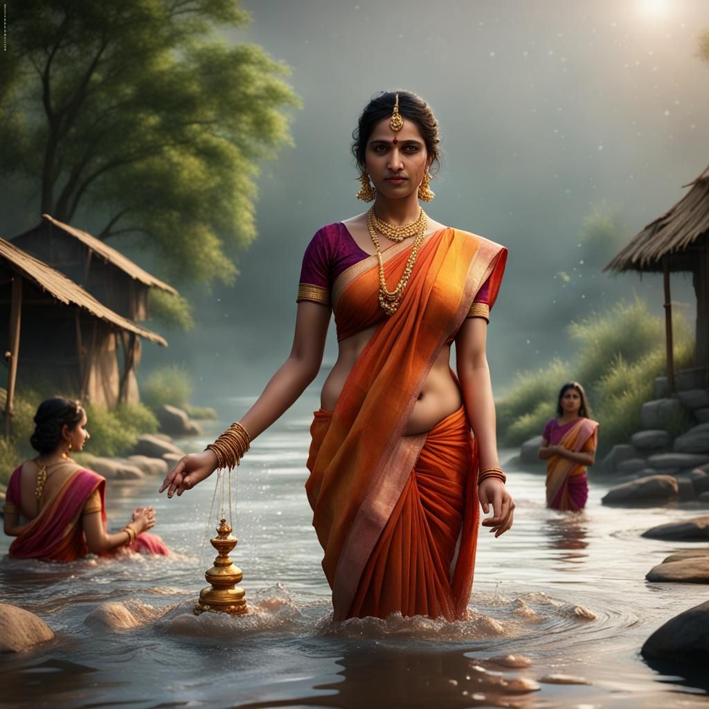 Indian Women Worshiping Surya in River, Detailed Painting