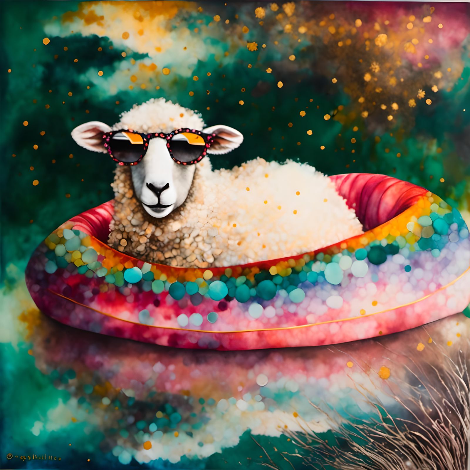Sheep in Sunglasses Floating Downriver: Mixed Media Collage
