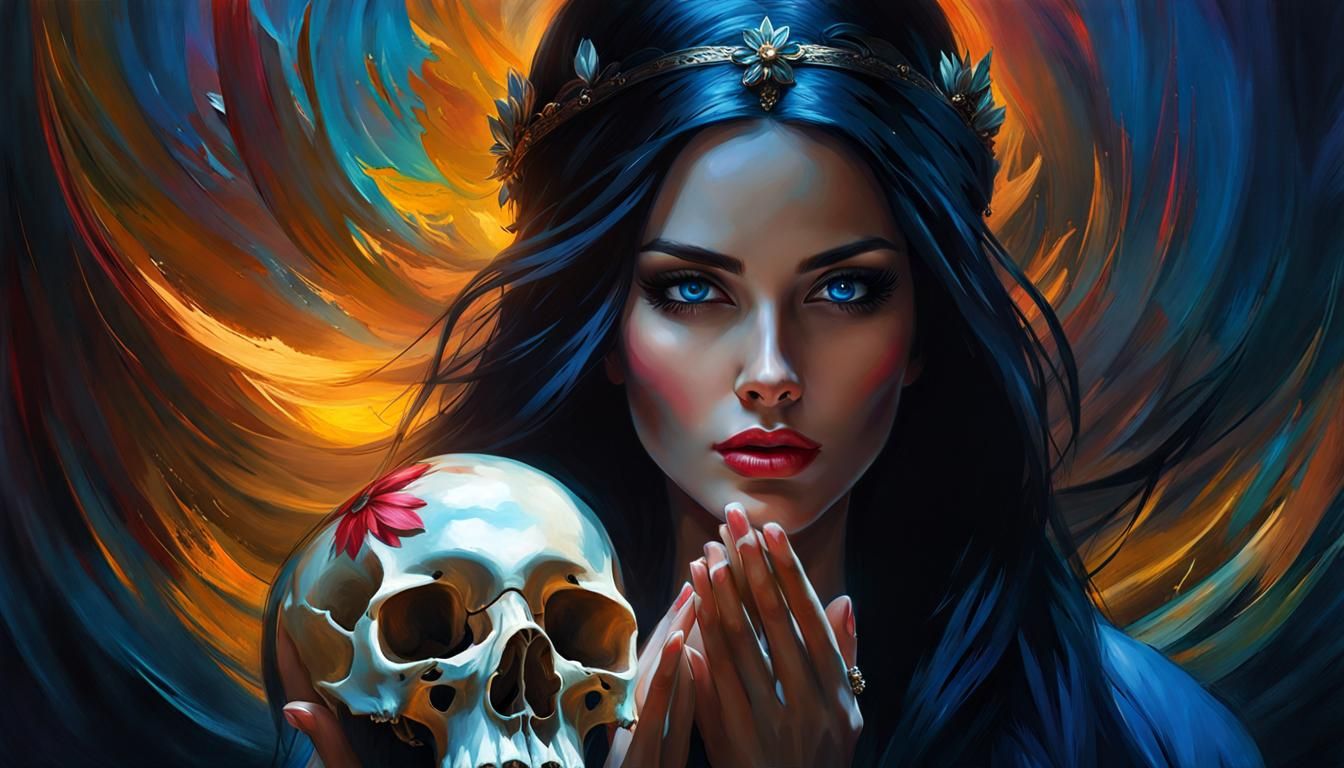 Elegant Woman with Skull: Impressionistic Digital Oil Painti...