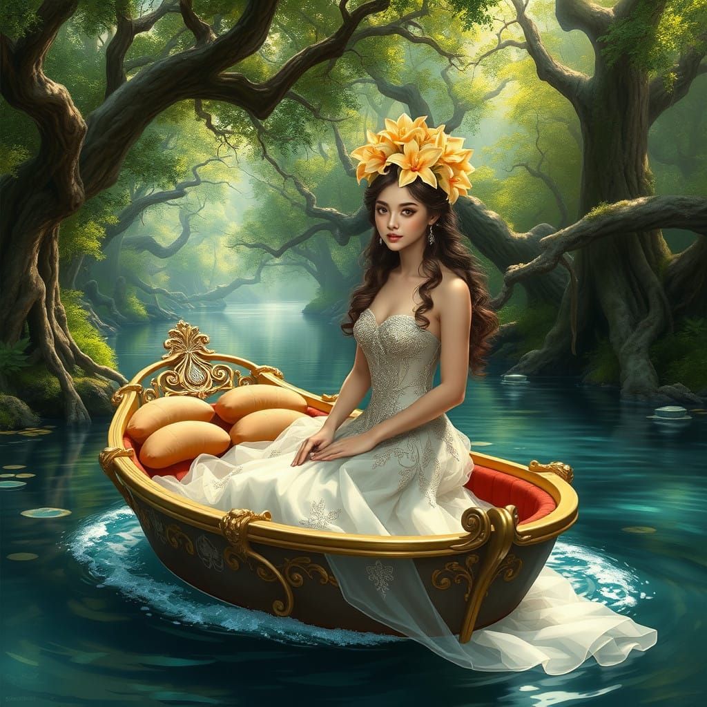 Ethereal Princess on Riverboat in Enchanted Forest