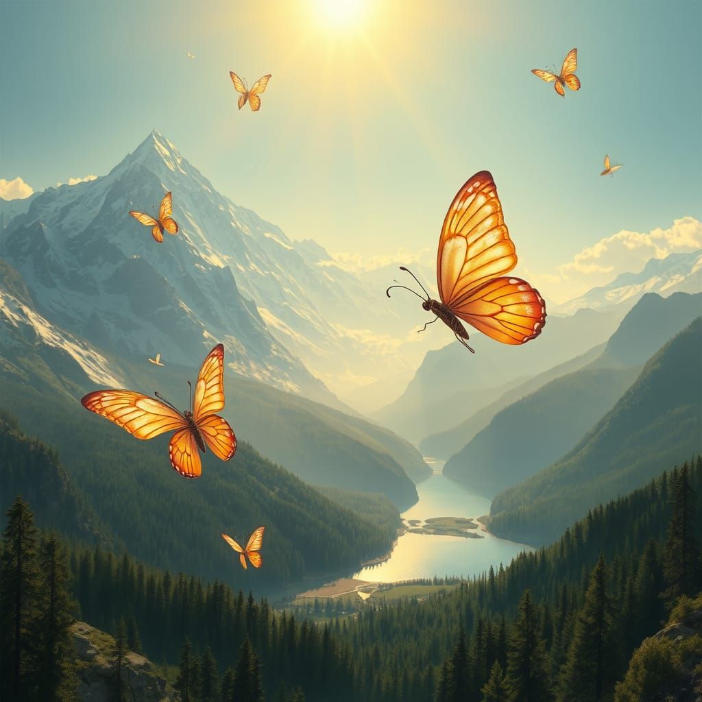 Ethereal Butterflies Dance Over Snowy Mountains
