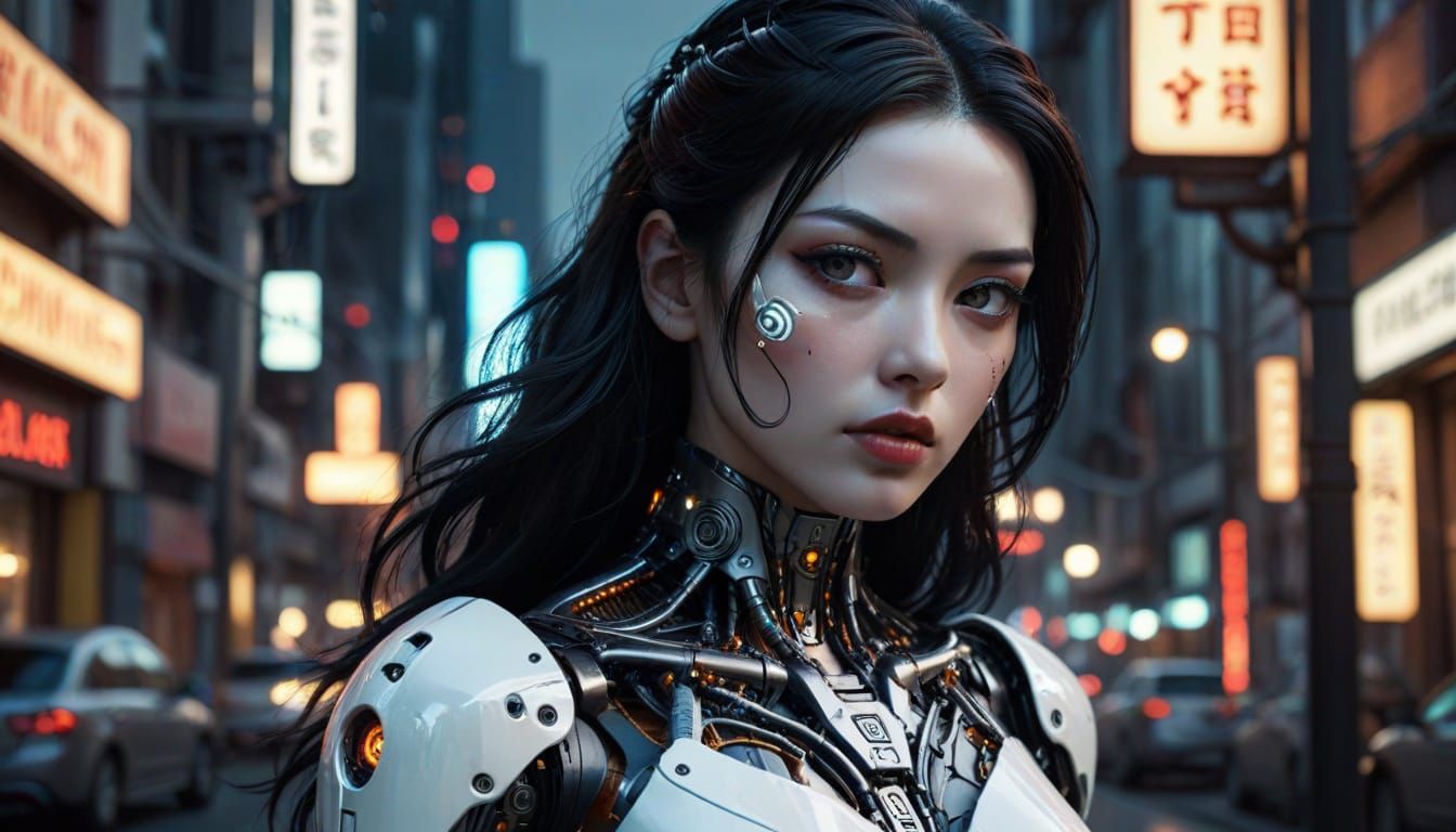 Cyberpunk Android with Neon Reflections: Hyperrealistic Digi...