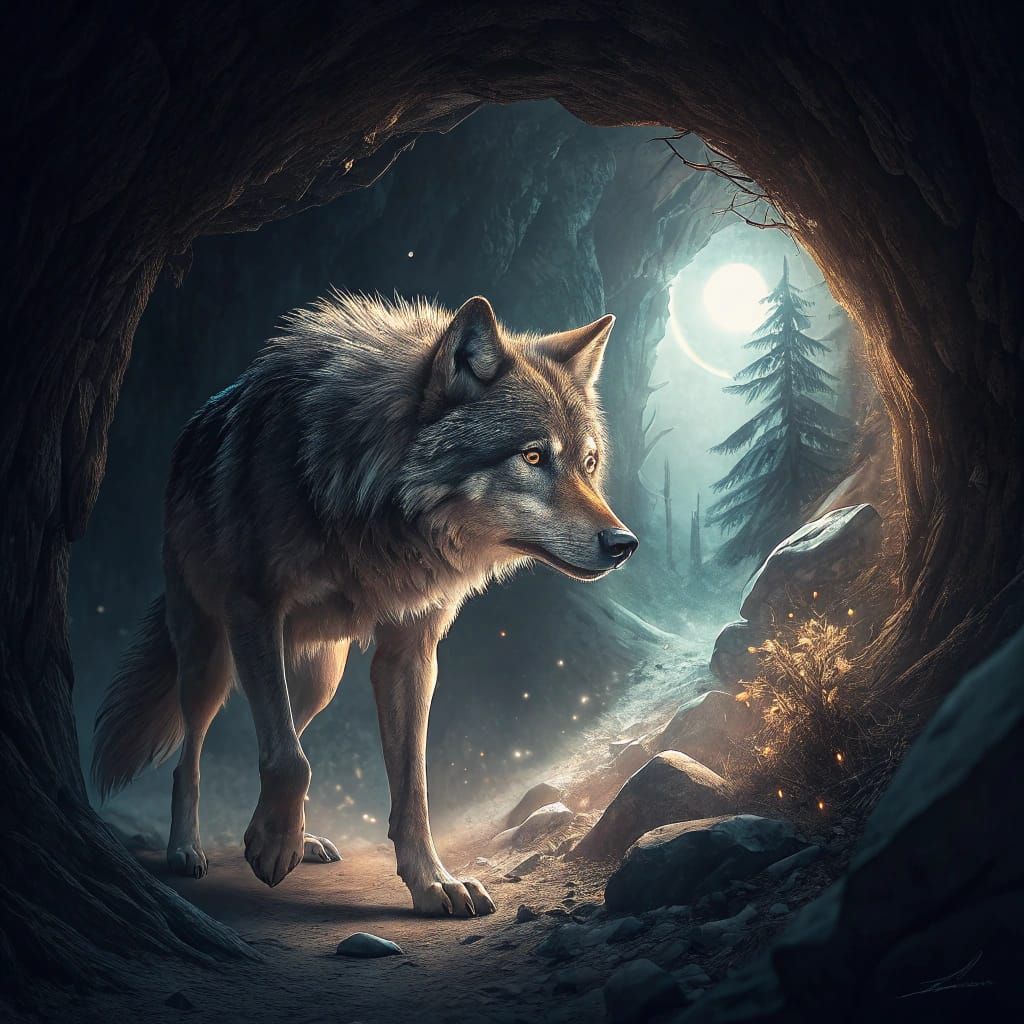 Lone Wolf Faces Tunnel Light in Epic Fantasy Style