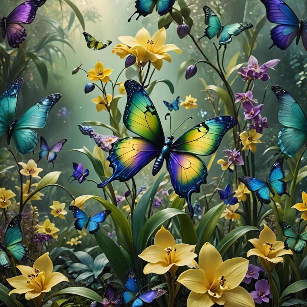 Glass Butterfly on Orchid in Eerie Morning Mist