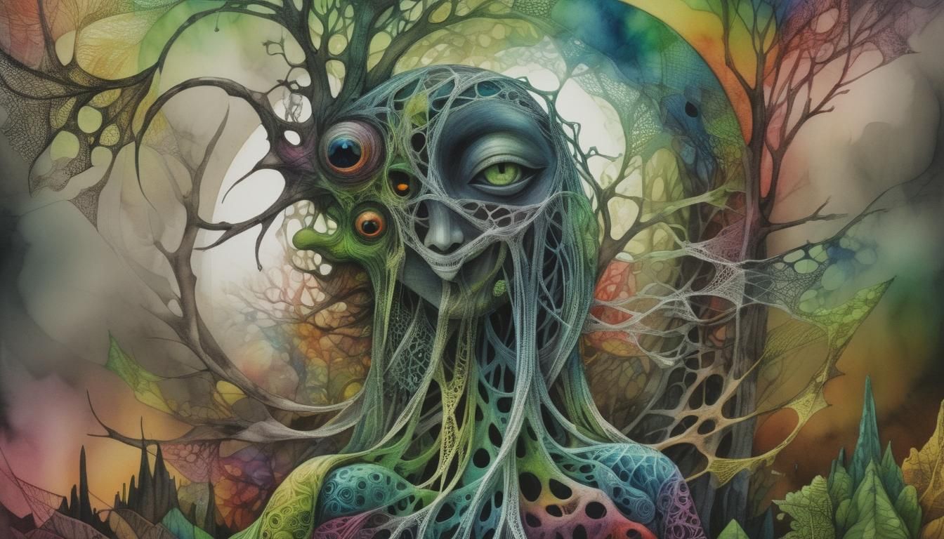 Bioluminescent Web Entity in Surreal Abstract Expressionism