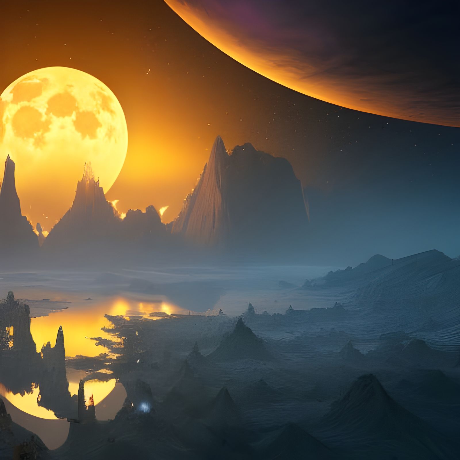 Fantastical Golden Moon Matte Painting in Deep Color