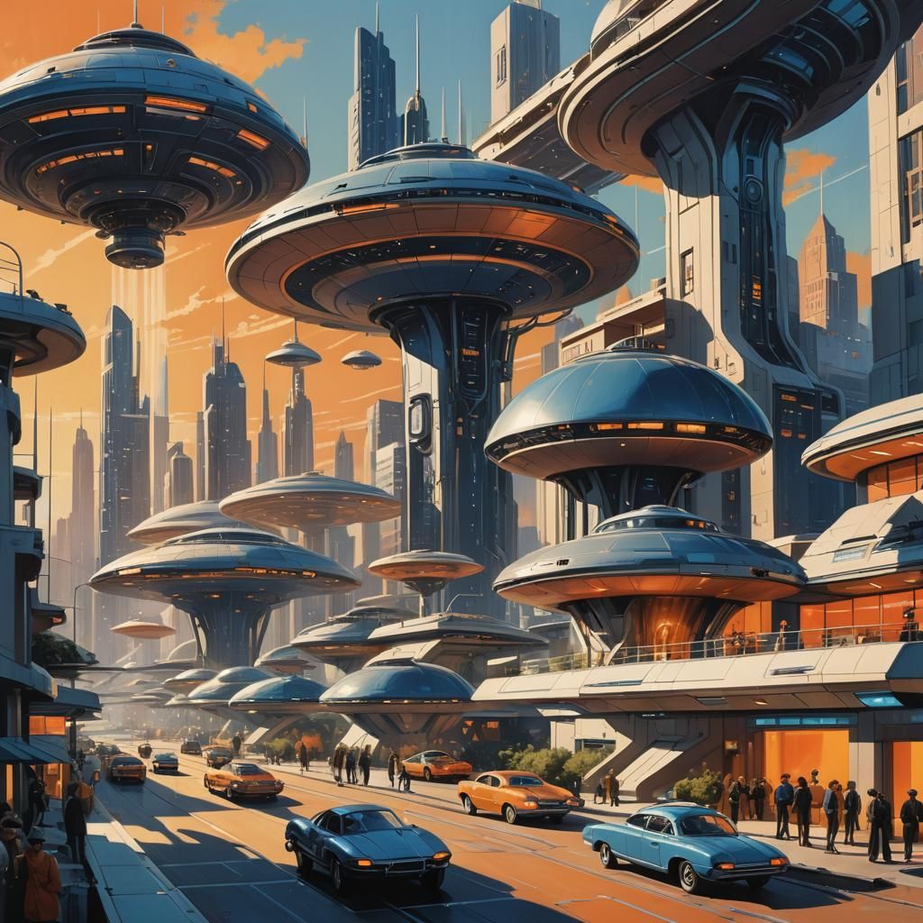 Retro-Futuristic Cityscape with Flying Saucer Vehicles