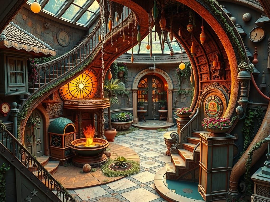 Surreal Wonderland Courtyard with Cascading Water Feature