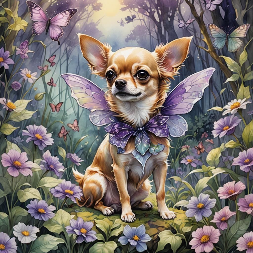 Chihuahua with Fairy Wings in Watercolor Fairy Landscape