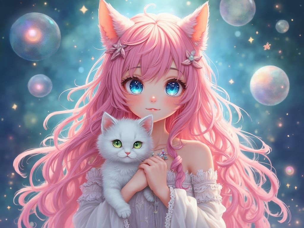 Anime Magic Castor with Sparkling Eyes and Cat