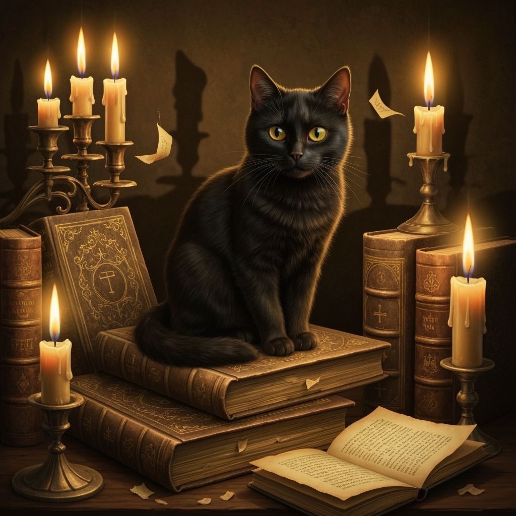 Cat on Book Tower with Candlelight