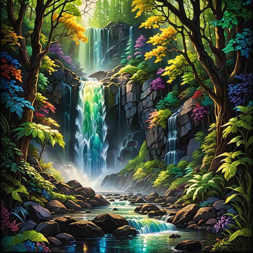 Backlit Stained Glass Waterfall in Rutkowski-Kinkade Style