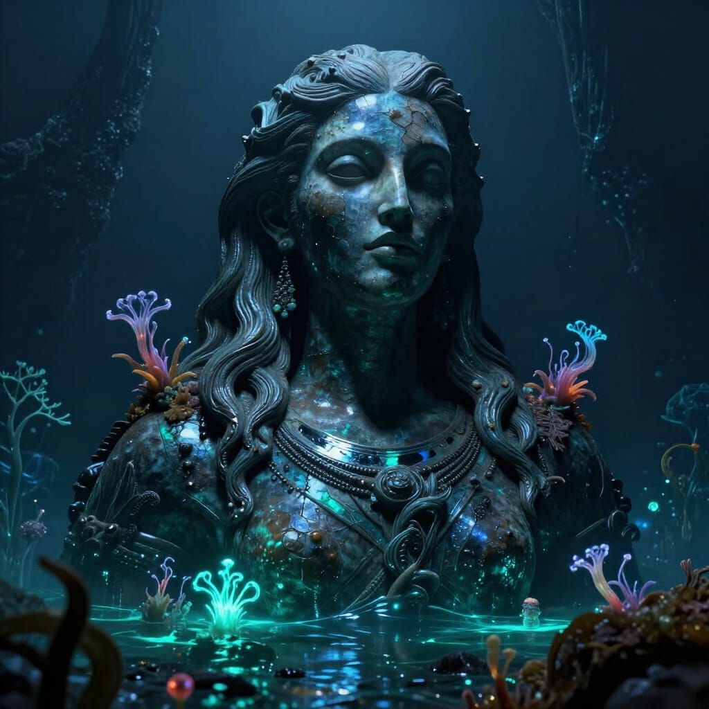 Colossal Obsidian Deity Statue in Alien Ocean