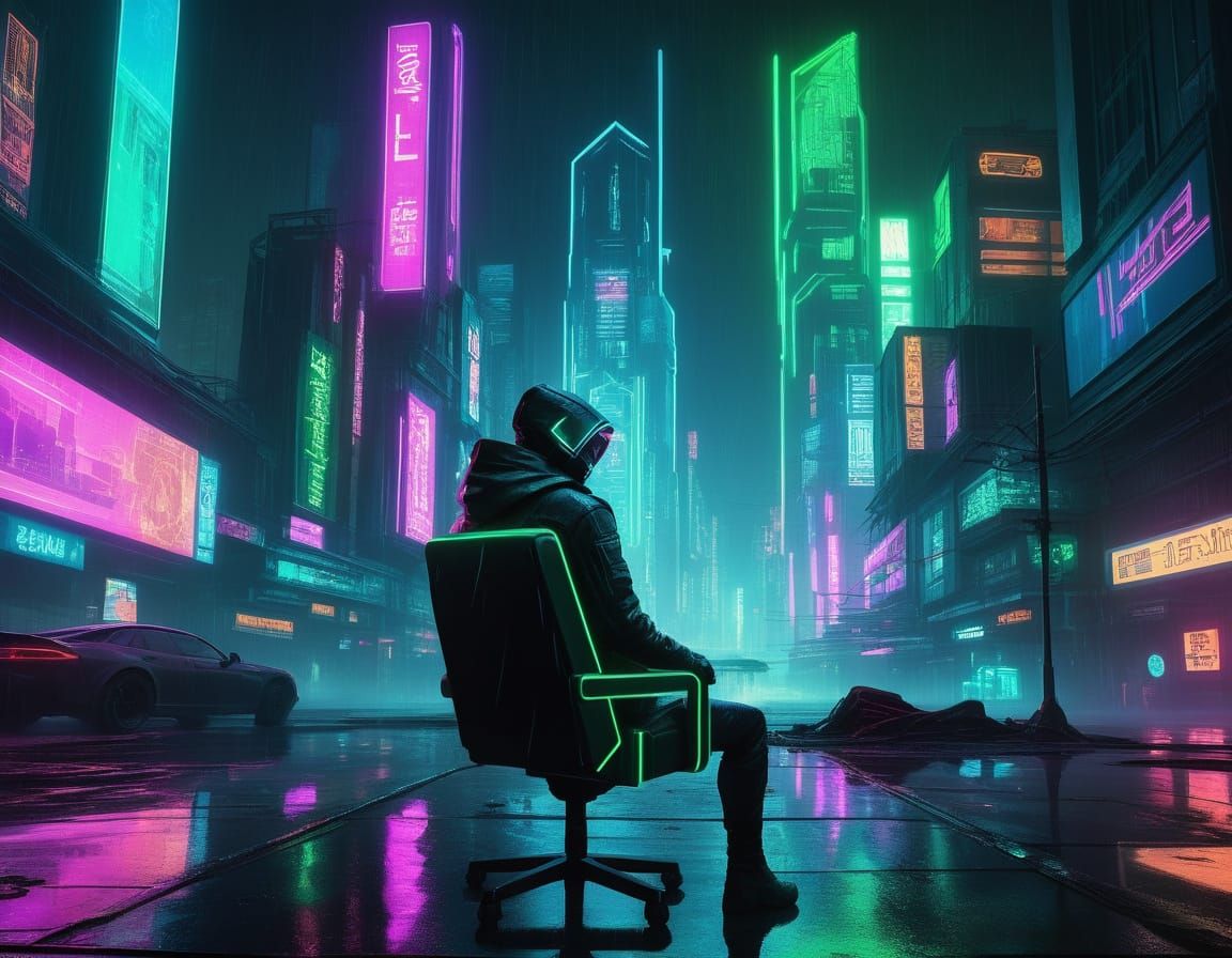 Cyberpunk Cityscape with Holographic Displays and Neon Light...