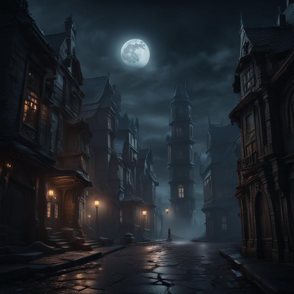 Eerie Dark Streets with Ghosts in Matte Painting