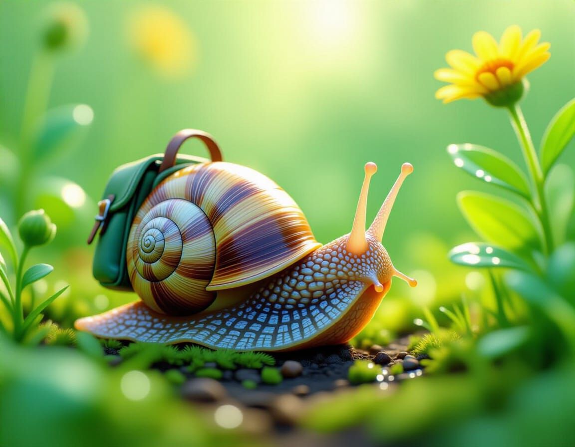 Snail Explorer in Dewy Garden, Digital Art