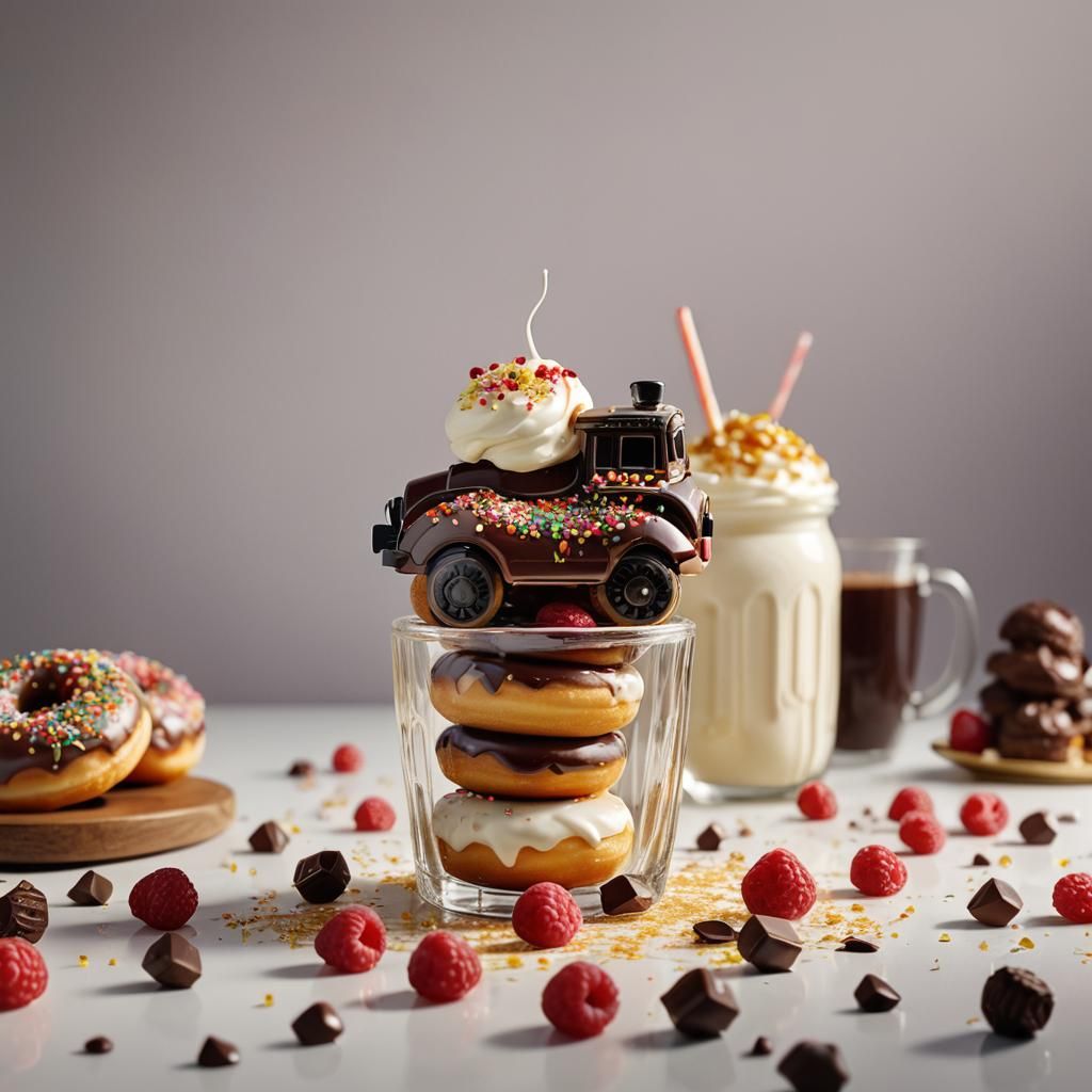 Hyper-Realistic Donut Still Life with Toy Locomotive