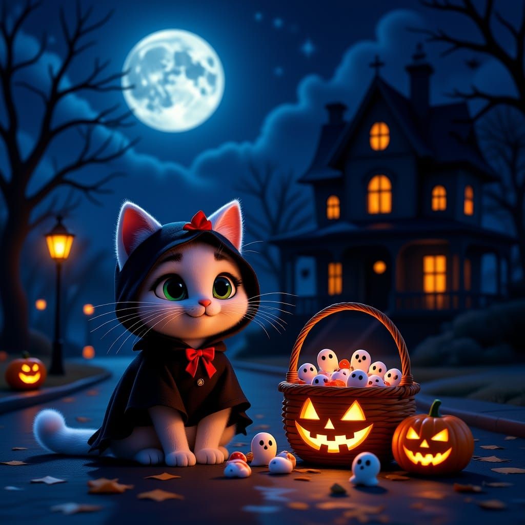 Cute Halloween Cat on Spooky Street with Haunted House
