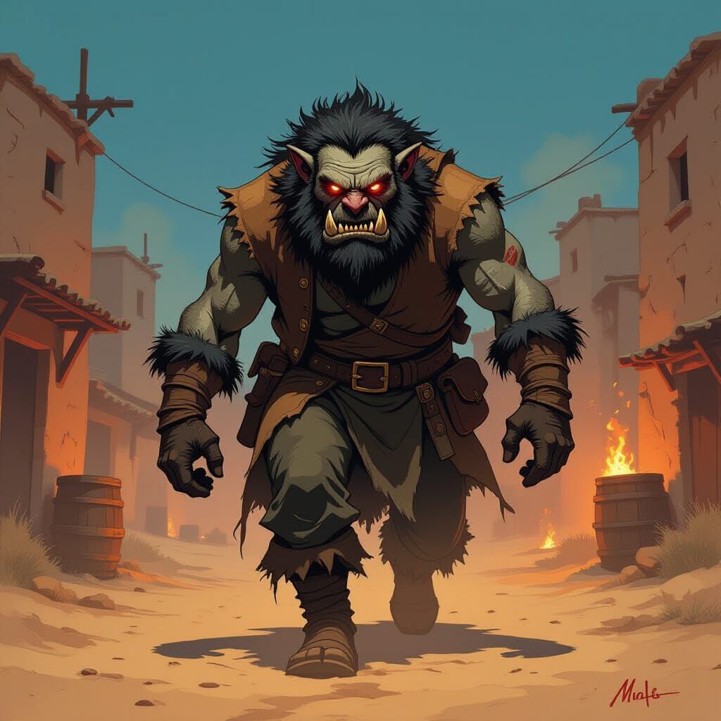 Drunken Bugbear in Dusty Desert Village Noir Style