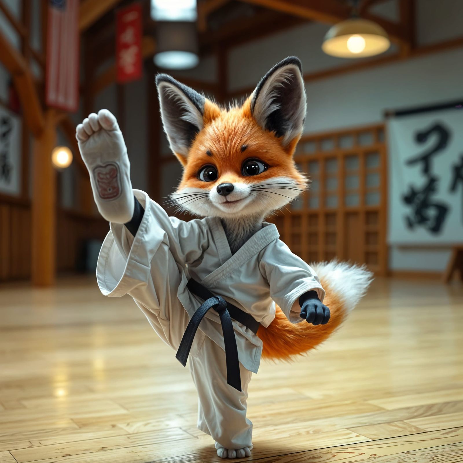 Pixar Fox Practicing Karate Kick in Gym