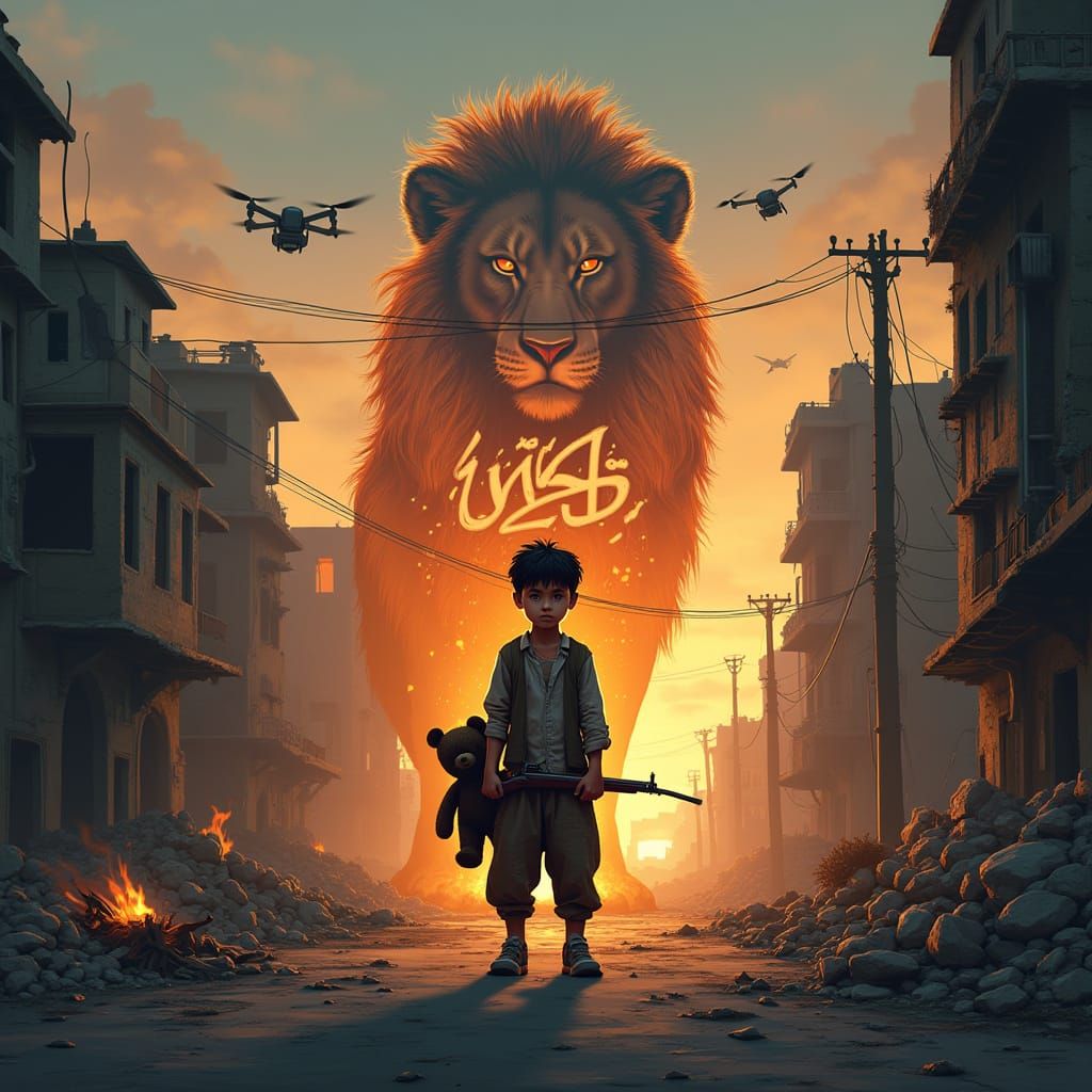 Boy in Gaza with Lion Shadow, in Vector Art Style