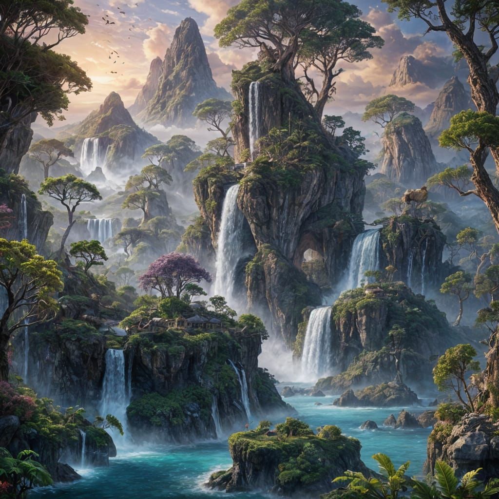 Ethereal Sky Islands with Wildlife: Fantasy Concept Art
