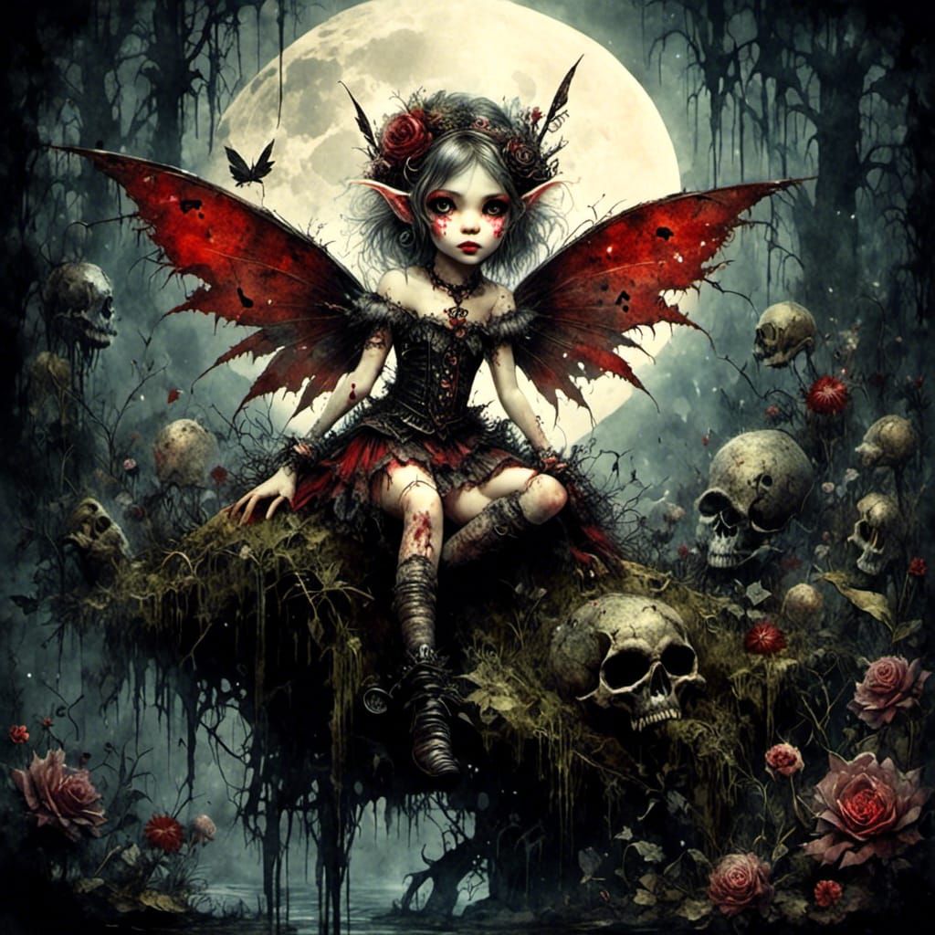 Dark Maniacal Pixie in Antique Watercolor Style