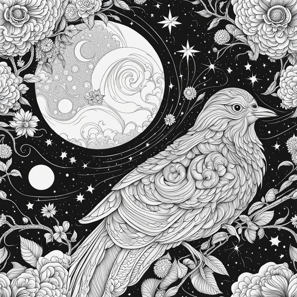 Starry Sky Coloring Page: Intricate Black and White Vector A...