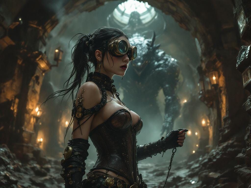 Steampunk Heroine Enters Enemy Lair: Syd Mead Style