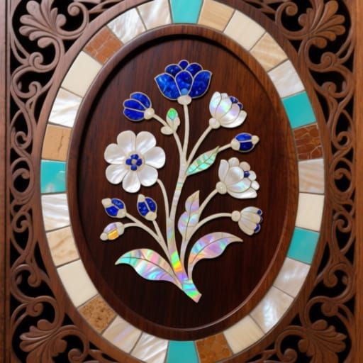 a decorative wooden panel, showcasing an oval-shaped inlaid ...