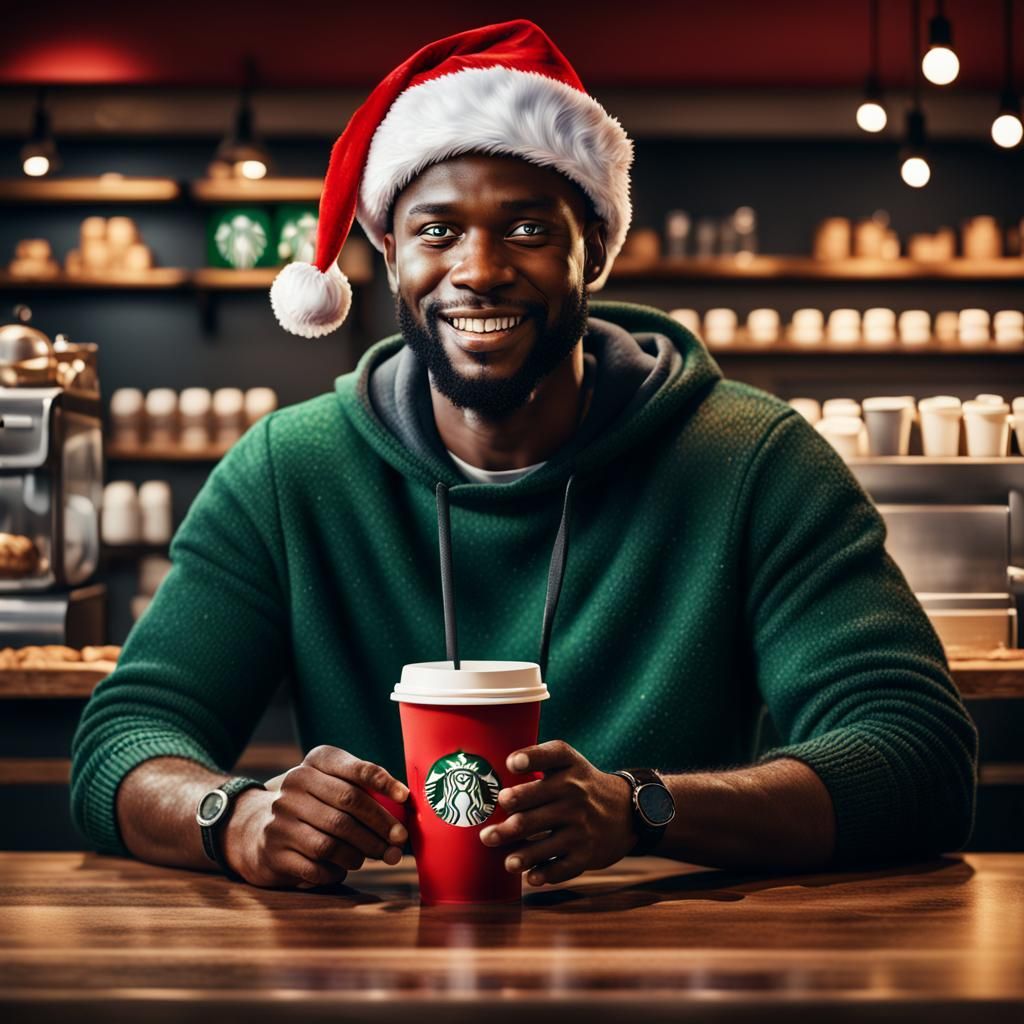 Festive Man with Starbucks Cup, Matte Painting