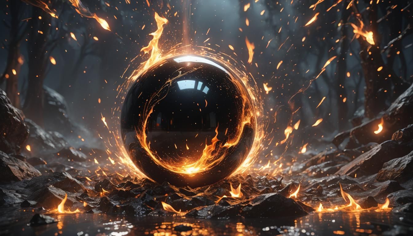 Magical Black Sphere with Fire and Glass Effect