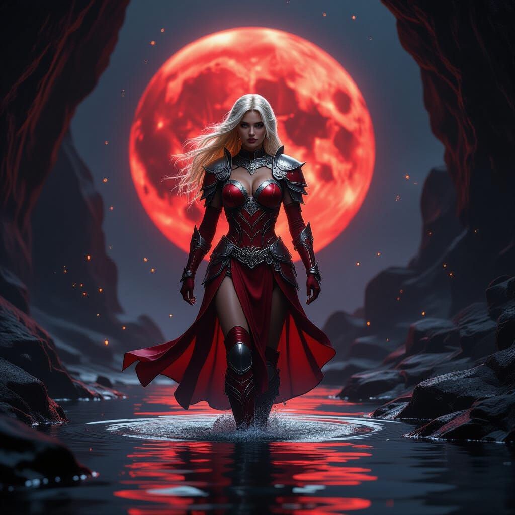 Armored Warrior Striding Under Red Moon, in Fantasy Art Styl...