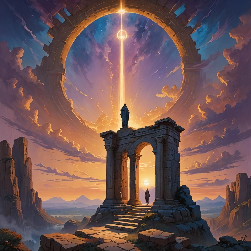 Mystical Figure in Fantasy Sunset, Oil Painting