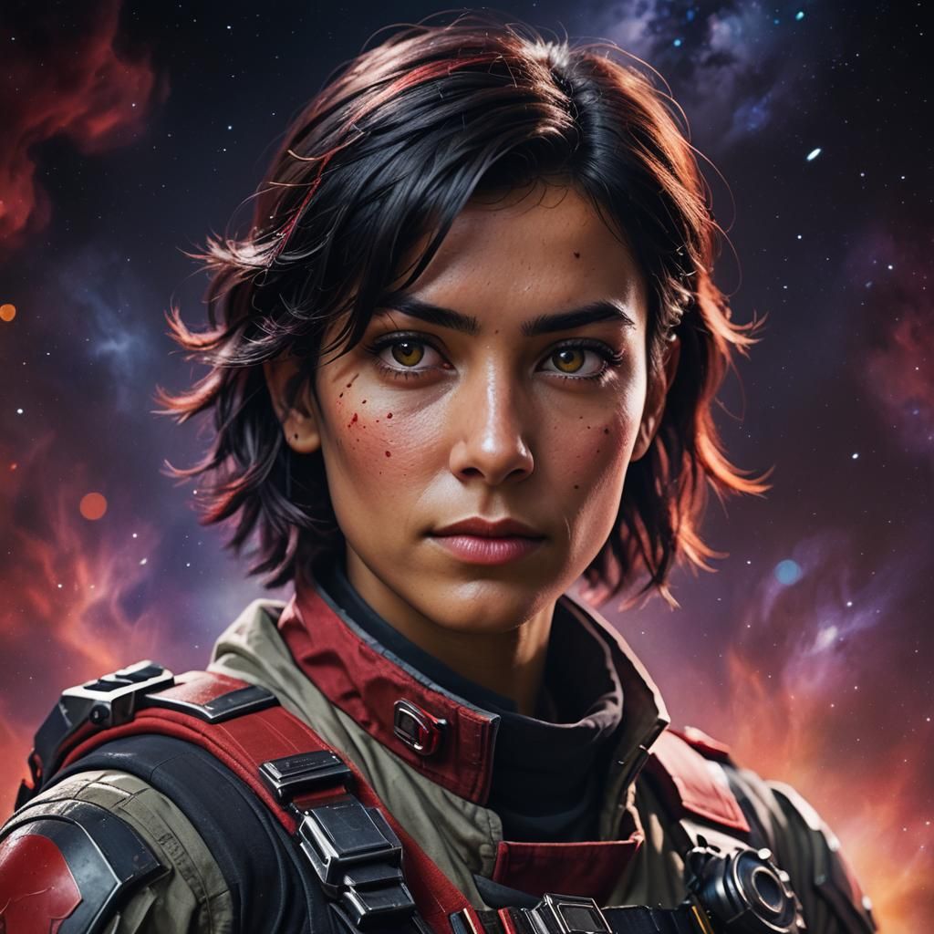 Olive-Skinned Explorer in Space: Photorealistic Portrait