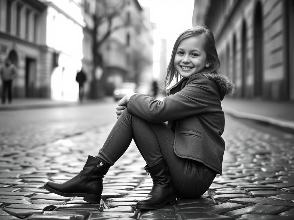 Girl on Cobblestone Road: Vintage Black and White Portrait