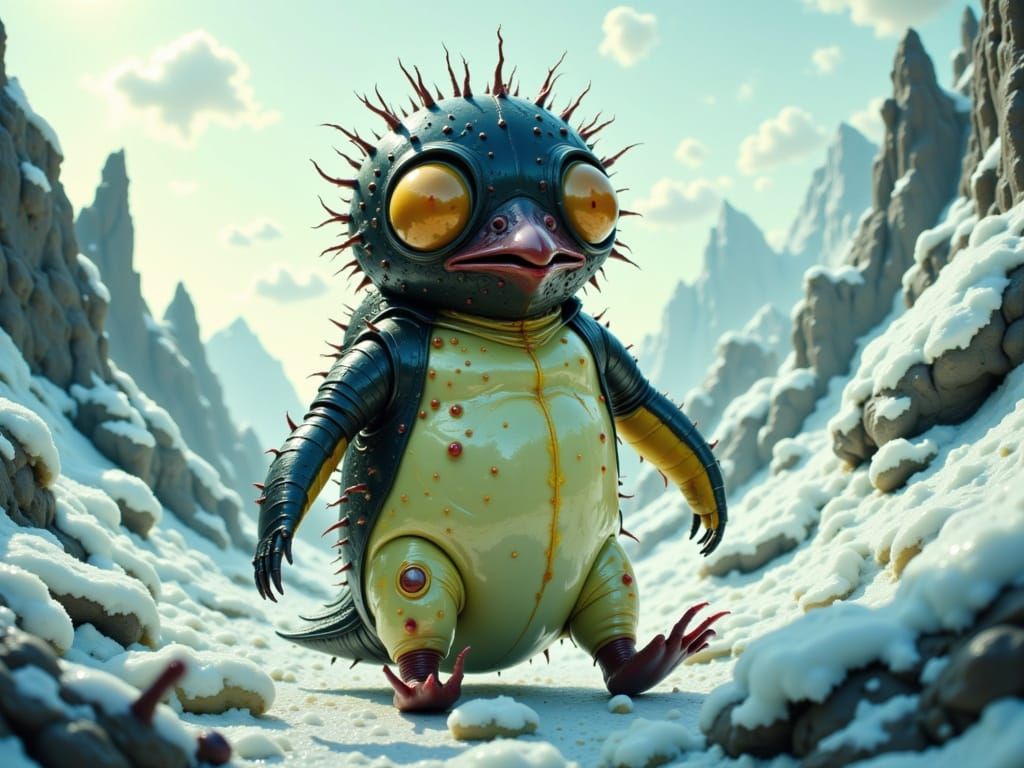 Grotesque Penguin in Cold Landscape