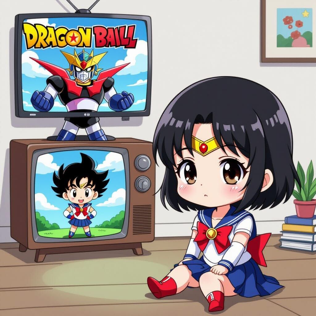Anime Chibi Girl Watching Classic Cartoons on TV