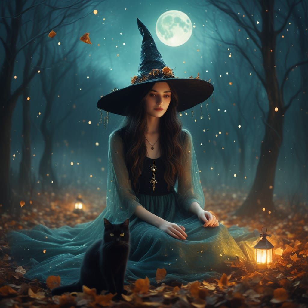 Impressionistic Witch and Cat Under Full Moon